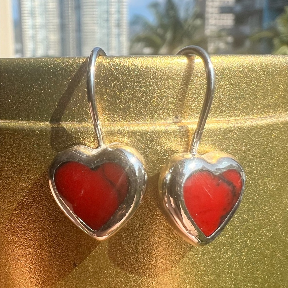 Sweet Red Jasper Inlay & Sterling Silver Heart Earrings